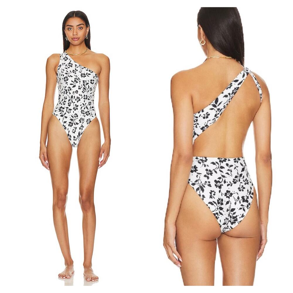 Lovers + Friends Dori One Shoulder One Piece Swimsuit XS White Black Blooms